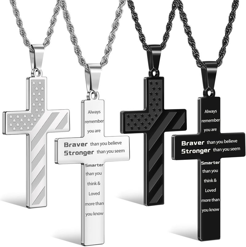 ROMASS 2Pcs Cross Necklace for Men Boys, Bible Verse Christmas Gifts Stainless Steel Silver Black American Flag Chains for Men Pendant Jewelry Box - Image 1